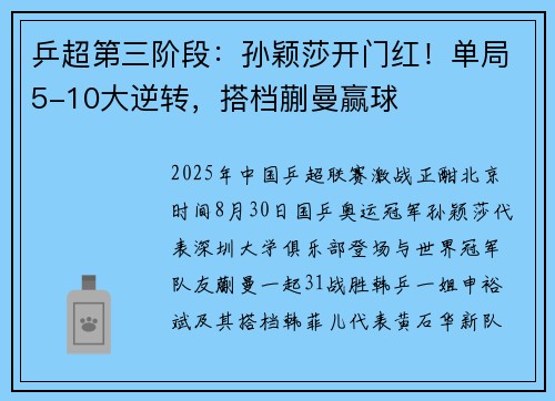乒超第三阶段：孙颖莎开门红！单局5-10大逆转，搭档蒯曼赢球