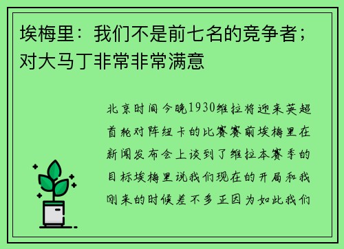 埃梅里：我们不是前七名的竞争者；对大马丁非常非常满意